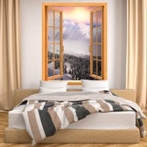 Windows 3D mountains snow sunset