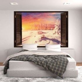 Windows in 3D vinyl sunset snow capped mountains