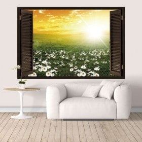Vinyl windows 3D sunset in the field