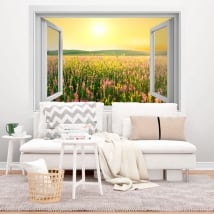 Vinyl window sunset flowers field 3D