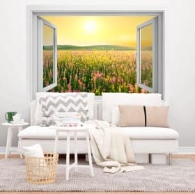Vinyl window sunset flowers field 3D