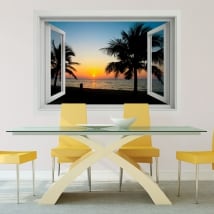 Decorative vinyl sunset on the beach window 3d