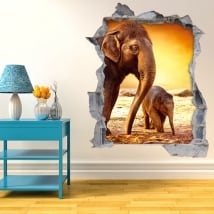 Vinyl hole wall elephants 3d sunset