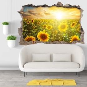 Vinyl hole wall sunset field of sunflowers 3d