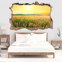 Vinyl hole wall sunset flowers in the field 3d