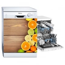 Vinyl and stickers decorate dishwasher fruits wood background