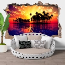 Vinyl hole wall sunset at sea 3d