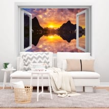 Vinyl windows sunset in norwegian fjord 3d