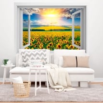 Vinyl windows sunset field of sunflowers 3d