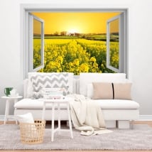 Vinyl window sunset in the field of flowers 3d