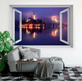 Vinyl window sunset in the field of flowers 3d