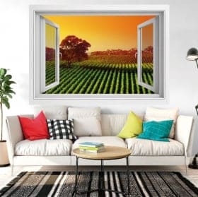 Vinyl window sunset in the field of flowers 3d
