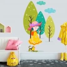 Children's or youth vinyl little girl with little bird in the forest