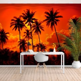 Wall mural palm trees sunset on the beach
