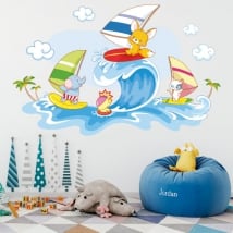 Wall decals children's animals windsurfing on the beach