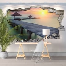 Vinyl hole wall sunset bridge on the island 3d