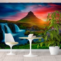 Wall mural iceland sunset waterfalls and kirkjufell mountain