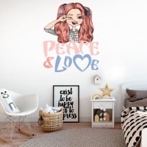 Vinyls and stickers woman with phrase peace and love