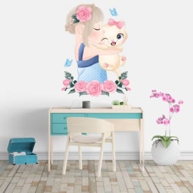 Vinyl stickers girl with cat flowers and butterflies