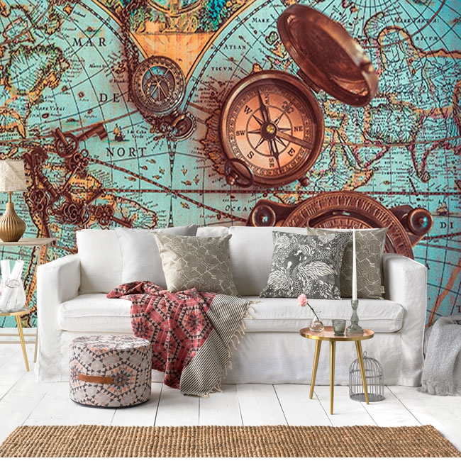World map and compasses wallpaper or mural