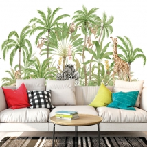 Wall mural or wallpaper landscape palm trees monkeys and zebras
