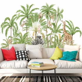 Wall mural or wallpaper landscape palm trees monkeys and zebras