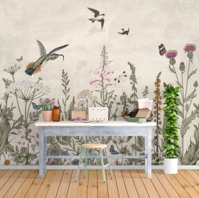 Wall mural or wallpaper vintage flowers birds hummingbird