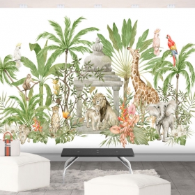 Wallpaper or mural tropical landscape lion giraffe monkey watercolor