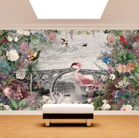 Wall mural or wallpaper vintage flowers and flamingo birds