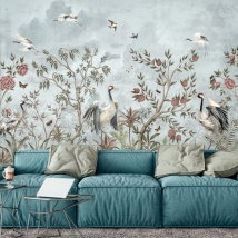 Wall mural or wallpaper vintage drawing plants flowers and birds