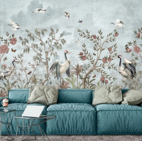 Wall mural or wallpaper vintage drawing plants flowers and birds