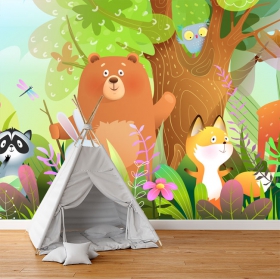 Children's forest animal cartoon wallpaper or mural