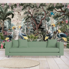 Wall mural or wallpaper drawing vintage forest flowers and birds