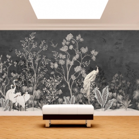 Wall mural or wallpaper classic drawing plants and birds gray