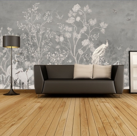Wall mural or wallpaper classic drawing plants and birds gray
