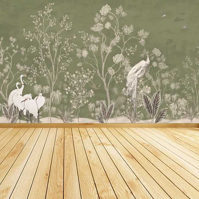 Vintage wallpaper or wall mural of plants and birds