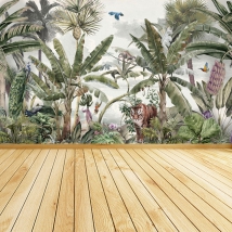 Wall mural or wallpaper tropical jungle tiger hummingbird and birds