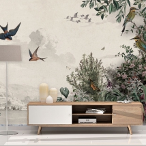 Wallpaper or mural tropical landscape flowers and birds