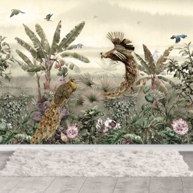 Peacock and flowers landscape wallpaper or mural