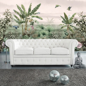 Wallpaper or wall mural jungle landscape flowers and parrots