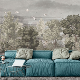 Wall mural or wallpaper forest landscape herons and swallows