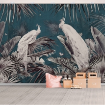 Wall mural or wallpaper tropical plants cranes butterflies