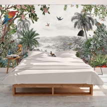 Wallpaper or mural landscape jungle lake and tropical birds