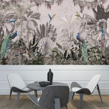 Landscape wallpaper or mural tropical plants and birds