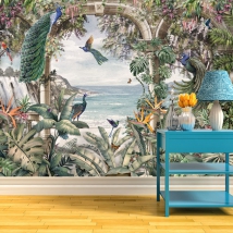 Wallpaper or mural drawing waterfall sea plants and tropical birds