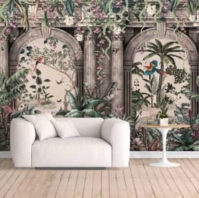 Classic palace wallpaper or mural with tropical plants and birds