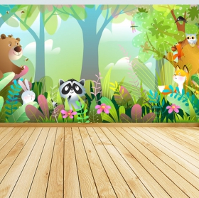 Wall mural or wallpaper children's drawings animals in the forest raccoon