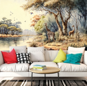 Wall mural or wallpaper landscape savannah lake giraffes birds