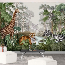 Wallpaper or wall mural drawing jungle animals