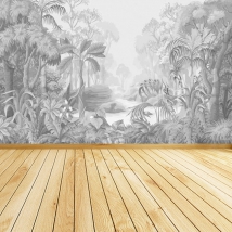 Gray tropical jungle landscape wall mural or wallpaper